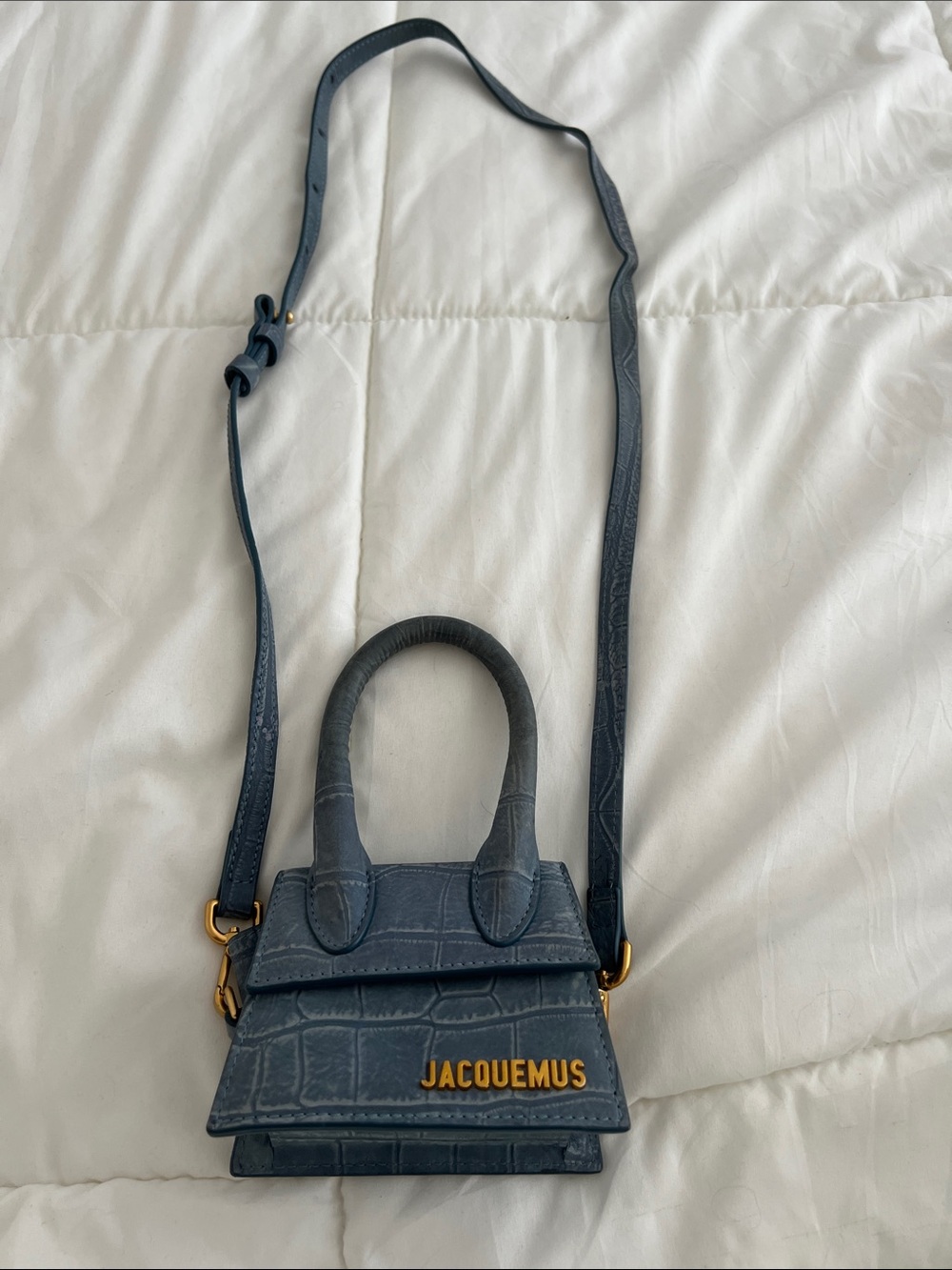 Jacquemus Navy Blue Mini Chiquito Croc-Embossed Top-Handle Crossbody